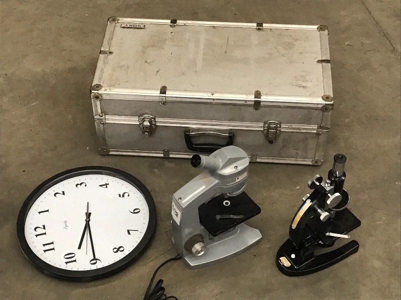 lot 89 image: Lot Of (2) Micrscopes, Wall Clock,...