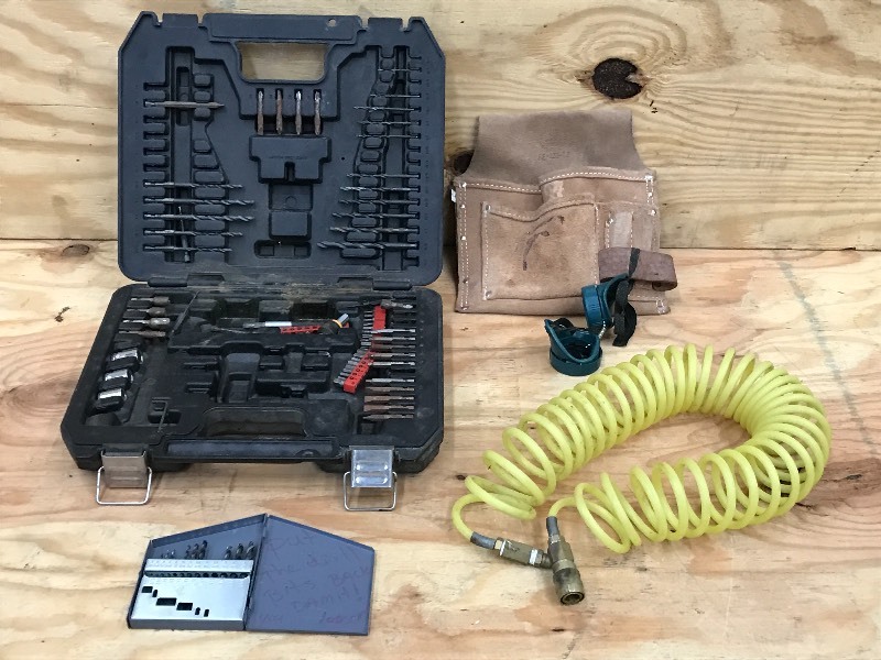 lot 94 image: Box Of Air Hose, Toolbelt, Drill I...