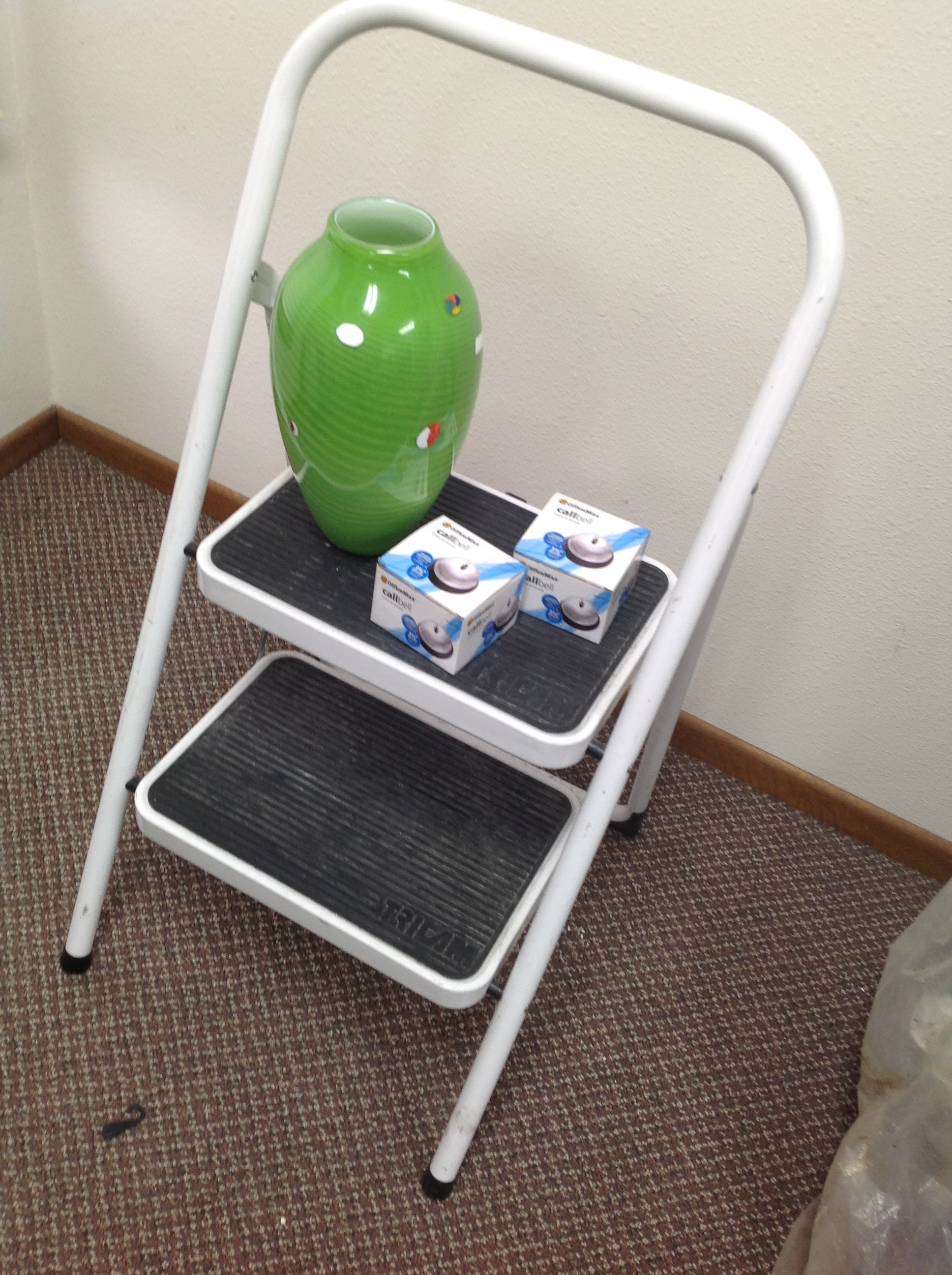 lot 19 image: Two step- Step Stool, Two Call Bells, Small Cart on Wheels and a Green Vase