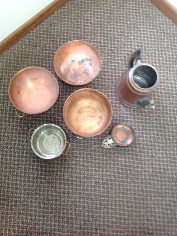 lot 24 image: Five Copper Dishes and  a Coffee Pot with no Lid
