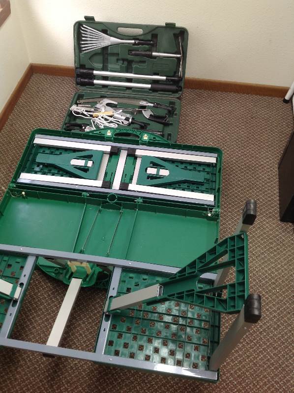 lot 26 image: Case of Lawn Tools, and a Portable Kids Picnic Table
