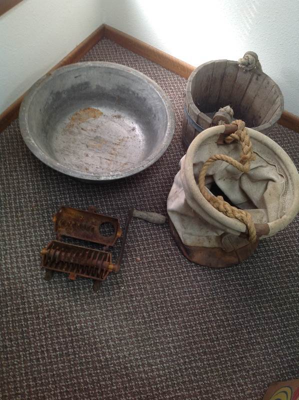 lot 33 image: Wash Basin, Canvass Bucket, Wooden Bucket, and a Sausage Stuffier