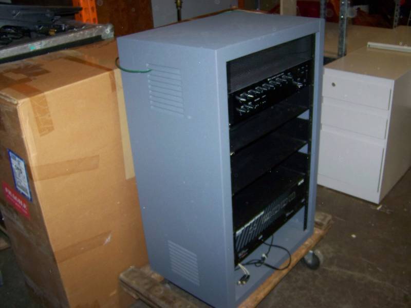 lot 127 image: Metal, AV Equipment Rack with TOA Amplifier  Amp and AMX, Netlinx Controller, Power Supply and Volume Control