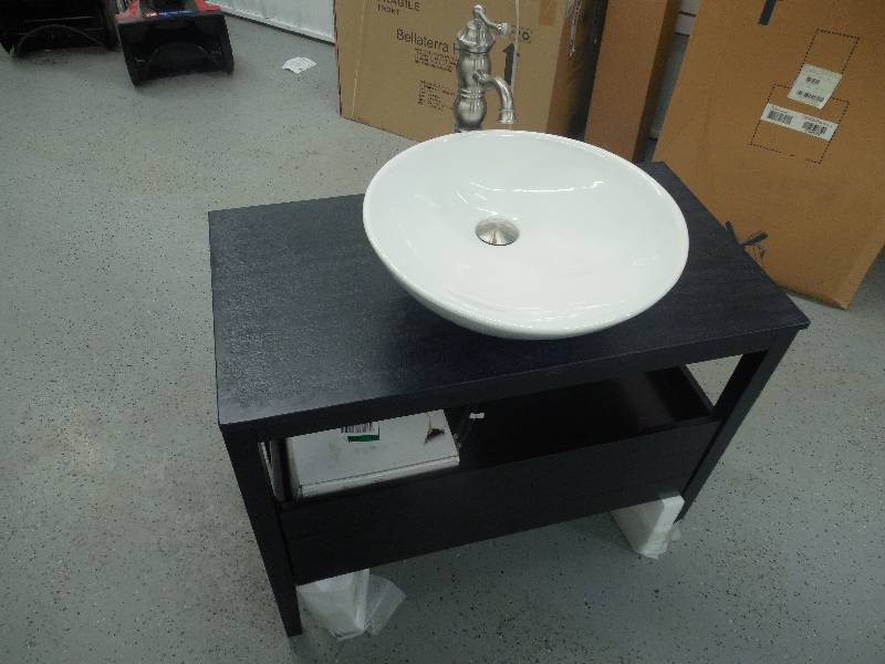 lot 15 image: Bellaterra Home Lynnwood 35.5 in. W x 19 in. D Single Vanity in Dark Walnut with Stone Vanity Top in Black with White Basin