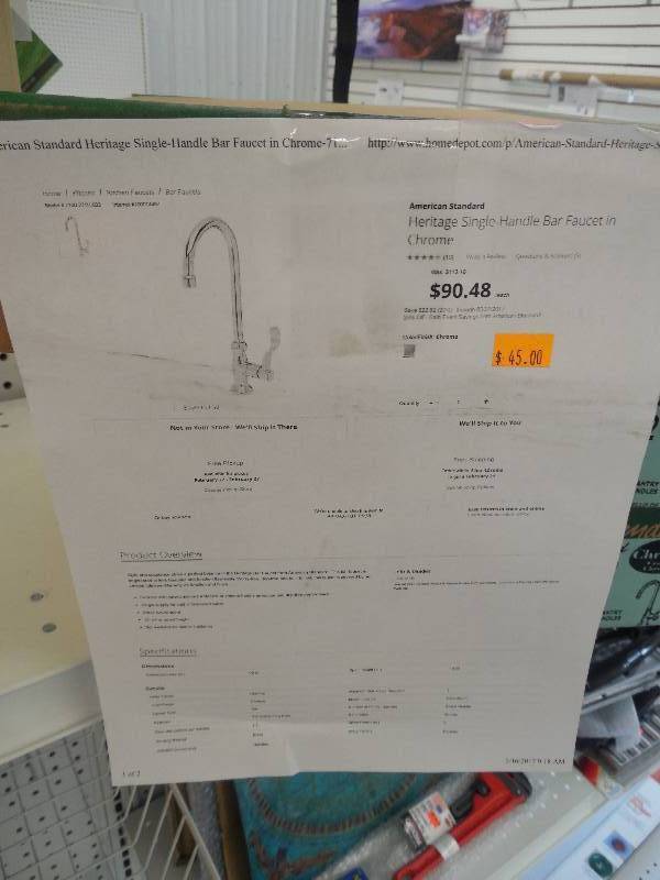 lot 284 image: American Standard 7100.271h.002 Heritage 2.2 Gpm Bar Faucet With One Wrist Blade Handle, Chrome