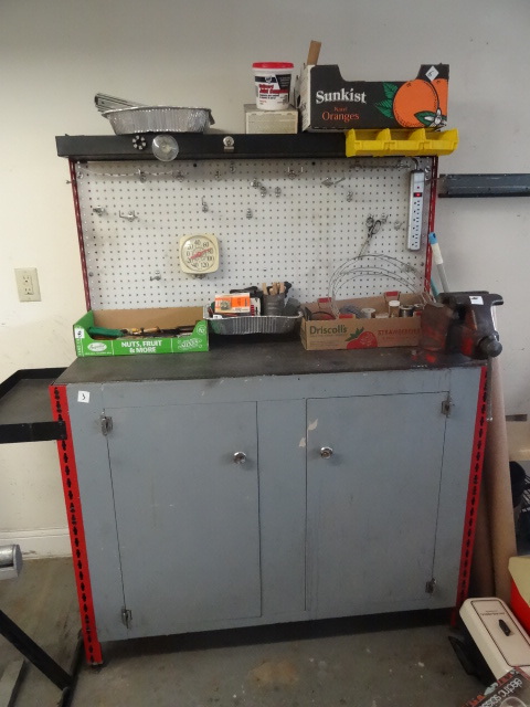lot 3 image: Garage work bench  Cabinet. Peg bo...