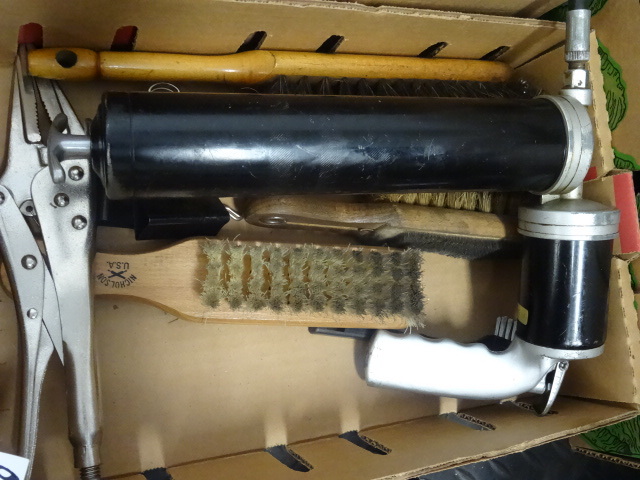 lot 87 image: Air grease gun. Brushes. Vise grip...