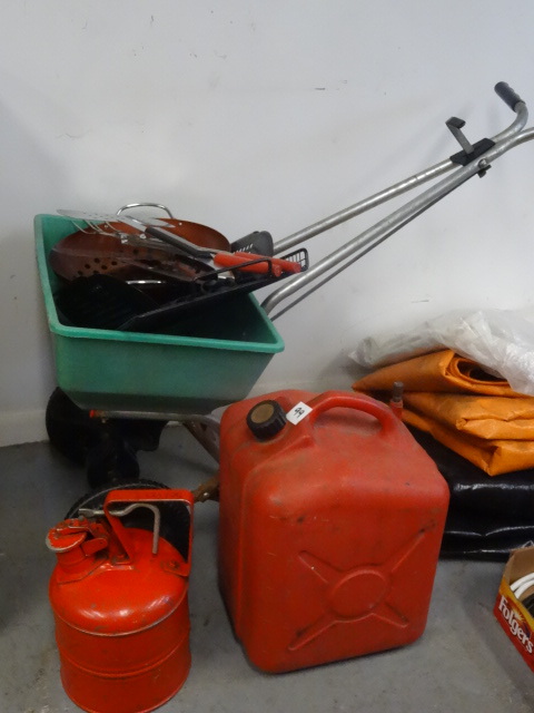 lot 99 image: Gas cans. Lawn spreader. Grilling t...