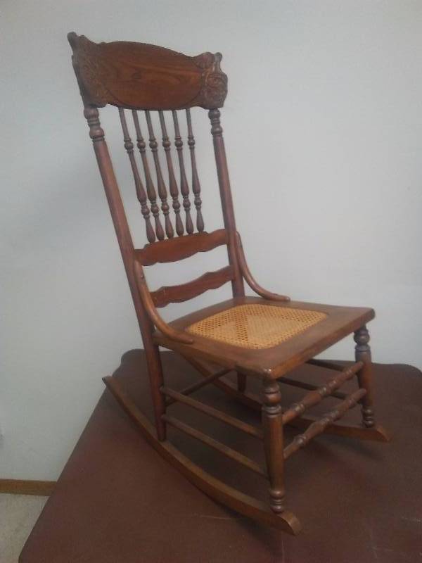 lot 9 image: Vintage Wood Rocker with Cain Seat  Fabulous condition, hardware looks to be original