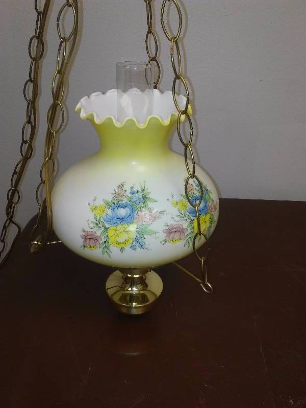 lot 23 image: Hanging Yellow and White Hurricane Lamp, works