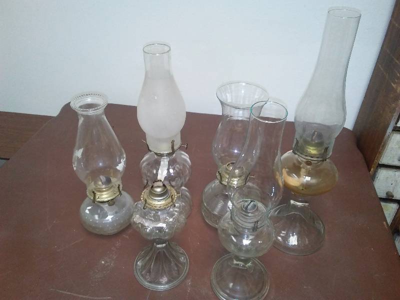 lot 36 image: Kerosene Lamps (6) complete, no chips or cracks, unique