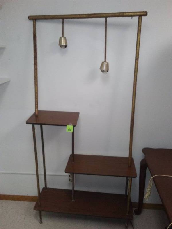lot 35 image: Mid Century Modern 3-Tiered Shelf, (Circa 1960) Brass support tubing 42 x36 x12