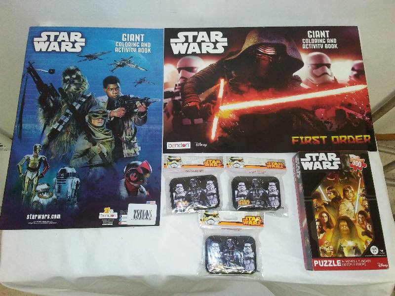 lot 68 image: Star Wars Lot  NEW metal tins (3) contains ear swabs, Activity Books (2) and a Puzzle 300 pc