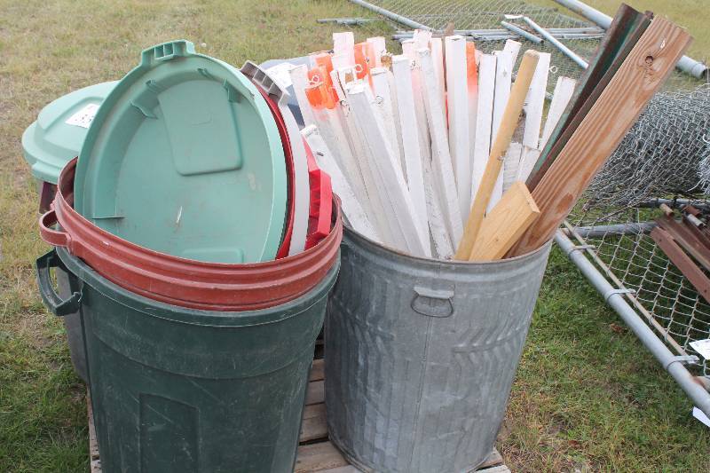 Pallet Lot of Trash Cans, Stake Posts