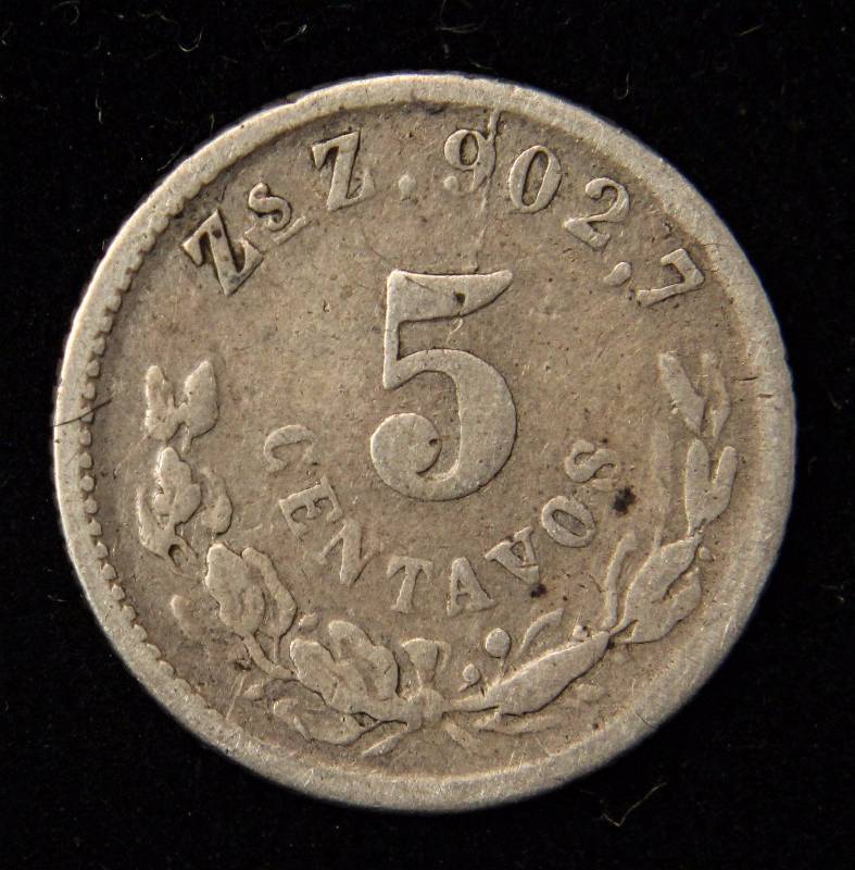 1902 MEXICO 5 CENTAVOS (90% SILVER - 1.35 GRAMS)