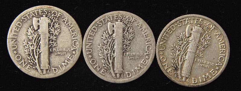 3 MERCURY SILVER DIMES 1923, 1924 & 1938-S
