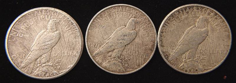 GROUP OF 3 PEACE SILVER DOLLARS AS PICTURED F-VF