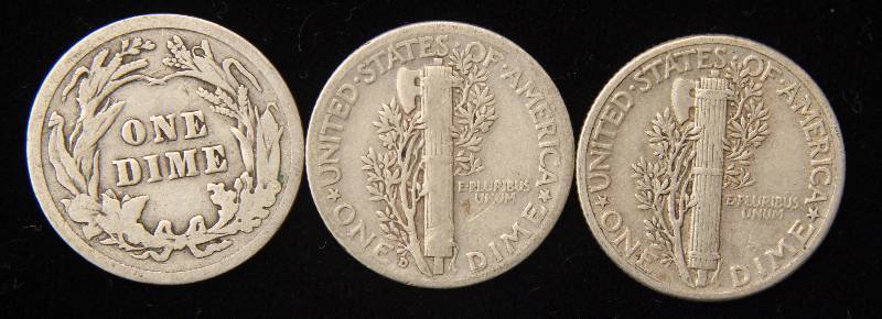 3 SILVER DIMES 1 BARBER (1910) & 2 MERCURY (1936D & 1939)