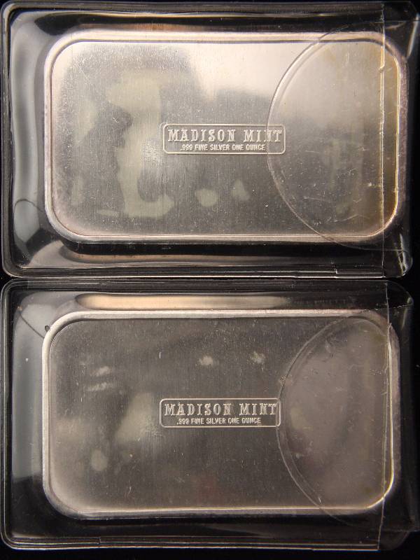 QTY 2 - 1 TROY OZ. .999 FINE SILVER 1973 MADISON MINT BARS