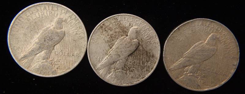 GROUP OF 3 US PEACE SILVER DOLLARS F-VF