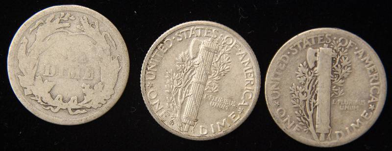 3 SILVER DIMES 1 BARBER (1911) & 2 MERCURY (1929 & 1941D)