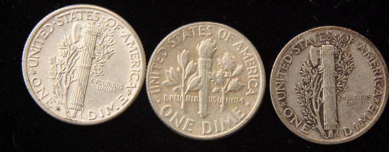 3 SILVER DIMES 2 MERCURY (1941D AU & 1943) & 1 ROOSEVELT 1964