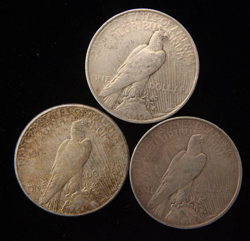 GROUP OF 3 PEACE SILVER DOLLARS AS PICTURED F-VF