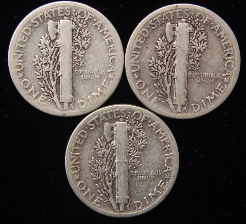 GROUP OF 3 SILVER MERCURY DIMES 1927 1935 & 1944