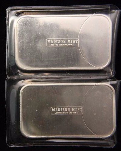 GROUP OF 2 - 1 TROY OZ .999 FINE SILVER BARS FROM THE MADISON MINT 1973