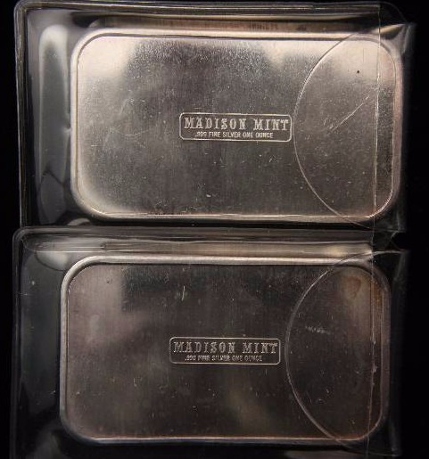 GROUP OF 2 - 1 TROY OZ .999 FINE SILVER BARS FROM THE MADISON MINT 1973