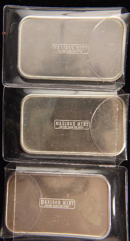 GROUP OF 3 - 1 TROY OZ .999 FINE SILVER BARS FROM THE MADISON MINT 1973