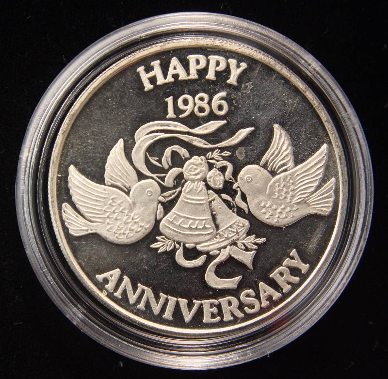 1 TROY OZ. .999 FINE SILVER 1986 SUNSHINE MINT HAPPY ANNIVERSARY IN AIRTITE