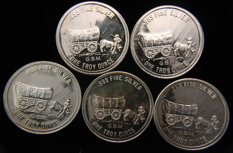 GROUP OF 5 GOLDEN STATE PROSPECTORS 1 TROY OZ .999 FINE SILVER ROUNDS