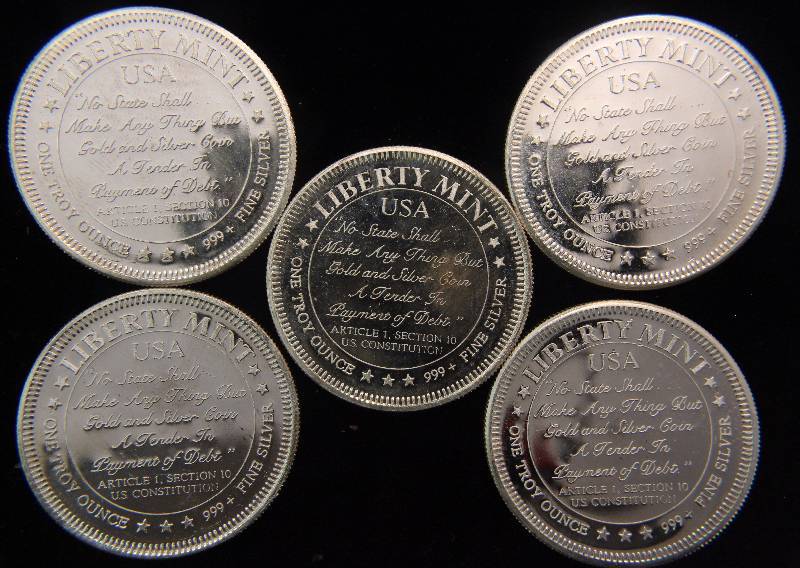 GROUP OF 5 - 1 TROY OZ. .999 FINE SILVER LIBERTY MINT NO STATE SHALL... ROUNDS