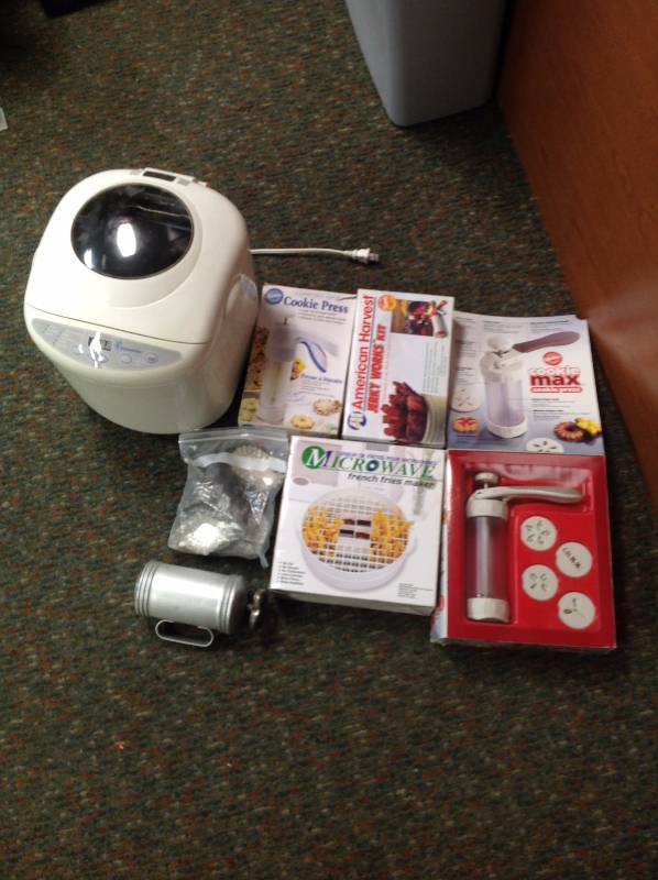 Bread Maker, three cookie press, micowave fry cooker