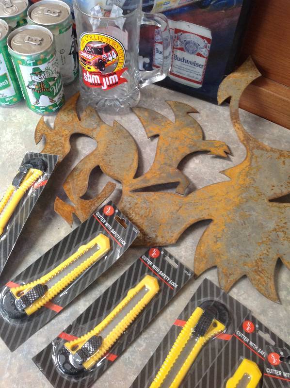 Metal art, mug, 56 license plate, v bug emblem, antlers, Budweiser
