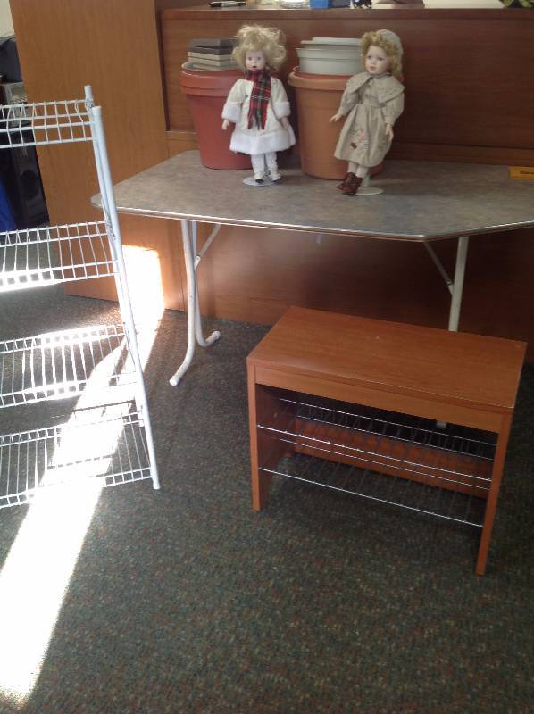 folding table, flower pots, shelf, dolls, rack