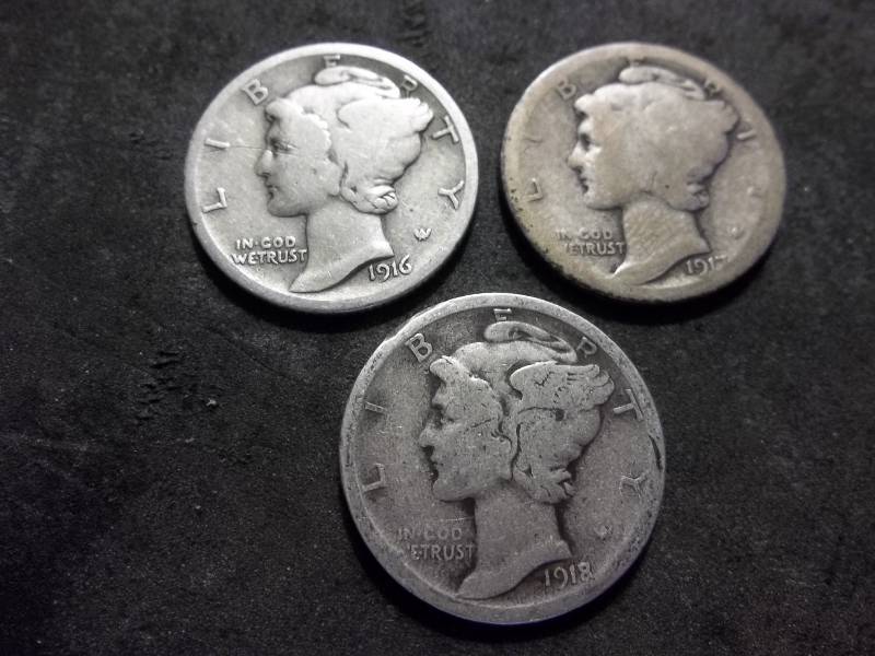 1916 S, 1917 D, 1918 D Mercury Dimes