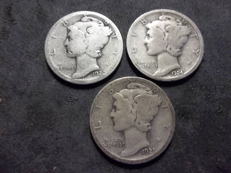 1920 D, 1924 D, 1925 S Mercury Dimes