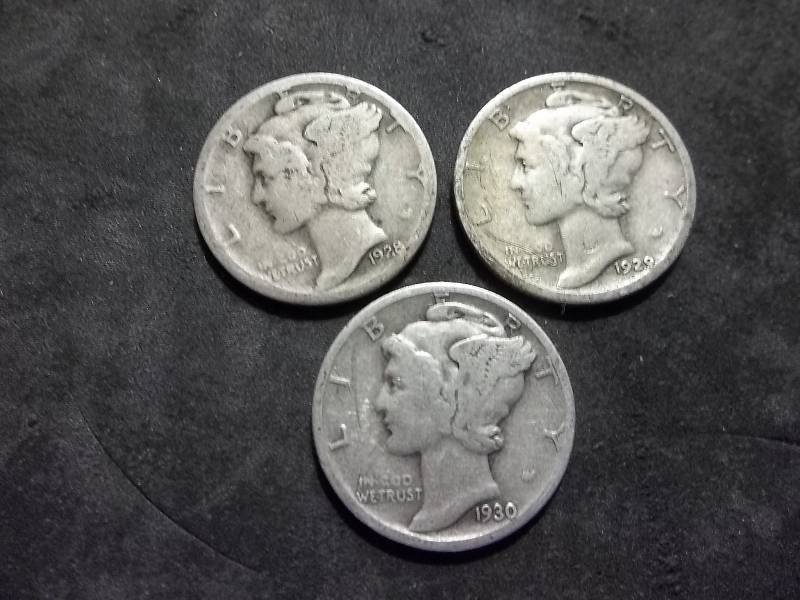 1928 S, 1929 S, 1930 Mercury Dimes