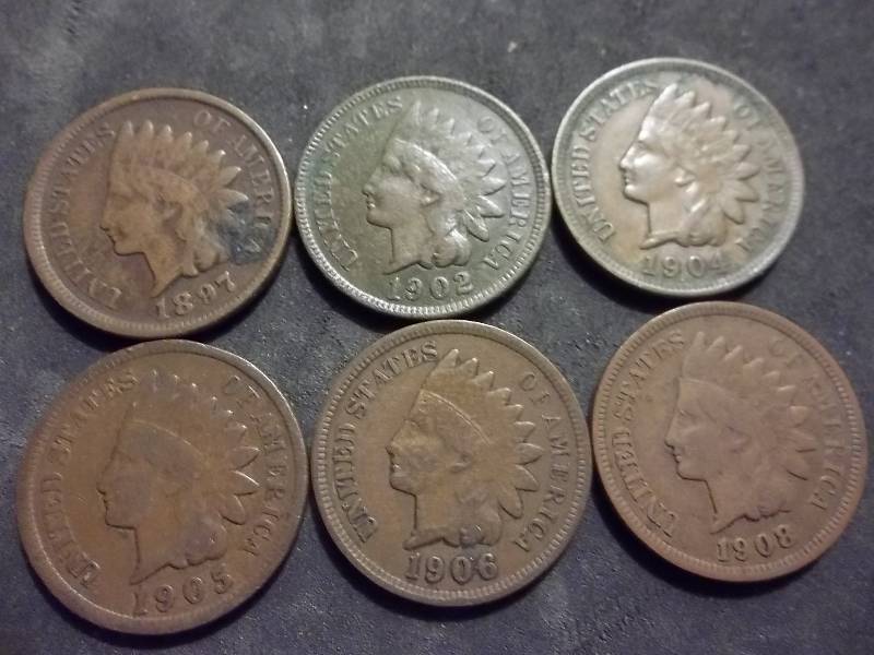 1897, 1902, 1904, 1905, 1906, 1908 Indian Head Cents