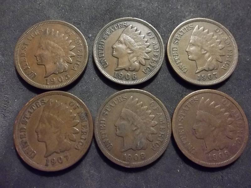 1905, 1906, 1907, 1907, 1908, 1909 Indian Head Cents