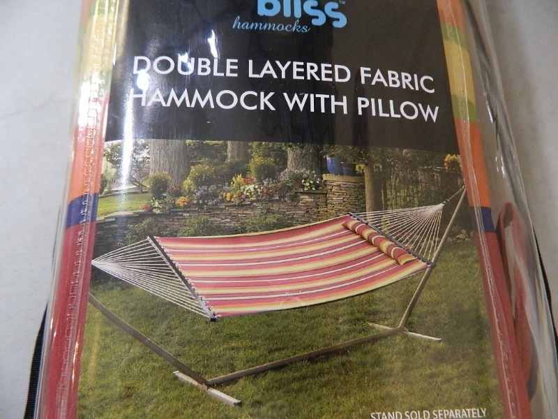 lot 11 image: New Bliss Double Layered Fabric Hammock with Pillow