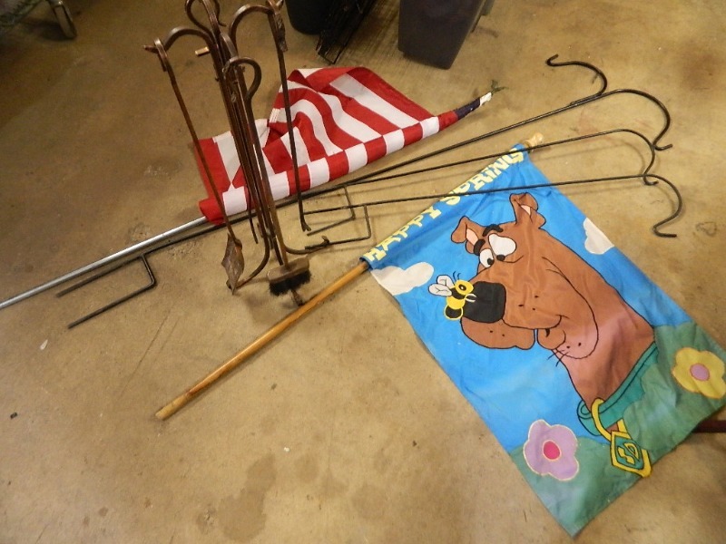 lot 115 image: Fireplace Tools, Flags, and Sheperds Hooks