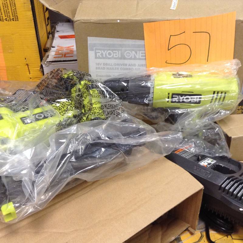 lot 57 image: Ryobi 18-Volt ONE Lithium-Ion Cordless DrillDriver and Brad Nailer Combo Kit (2-Tool) not used