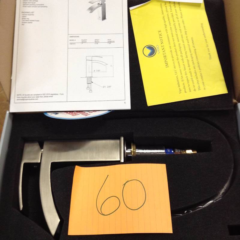 lot 60 image: Vigo Single Hole 1-Handle Bathroom Faucet in Brushed Nickel not used