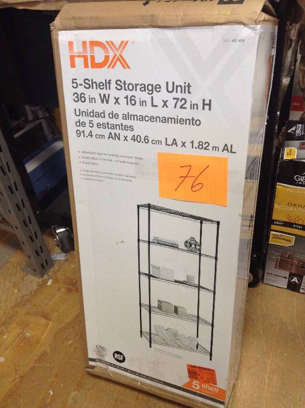 lot 76 image: HDX 5 shelf Storage unit 36 in W x 16 in X 72 in not used