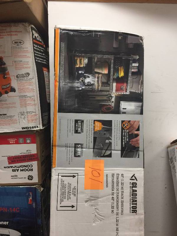 lot 101 image: Gladiator 72 in. H x 48 in. W x 18 in. D 4-Shelf Welded Steel Garage Shelving Unit never used