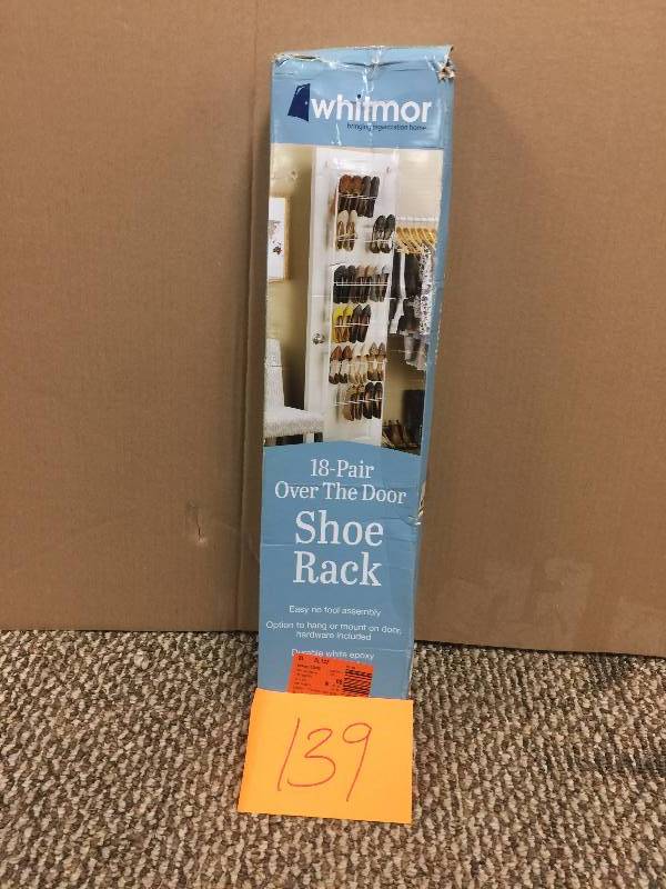 lot 139 image: Whitmor 18-Pair Over-the-Door Metal Shoe Rack in White open box never used