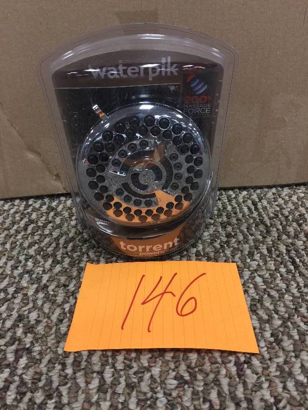lot 146 image: Waterpik Torrent 9-Spray 4.5 in. Showerhead in Chrome open box never used